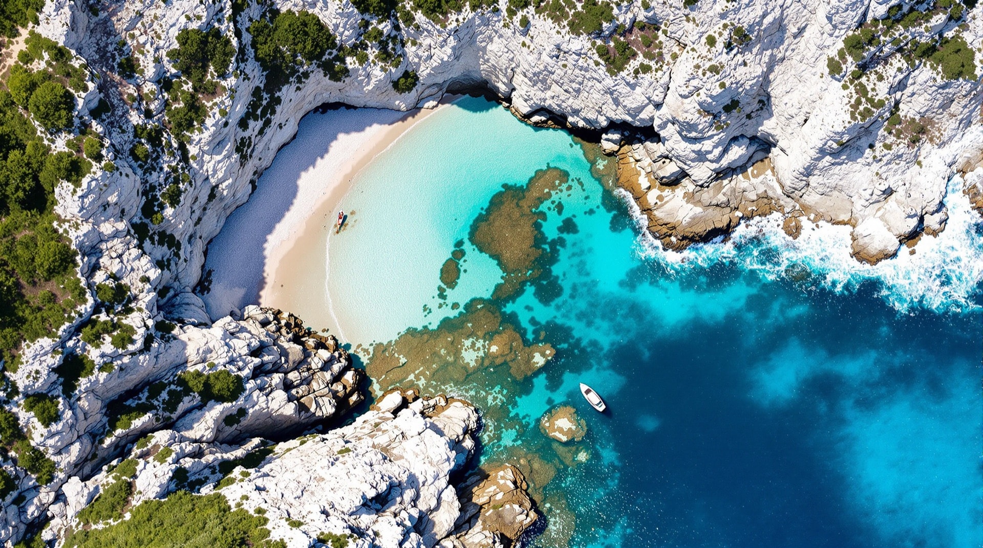 Aerial view of a rocky coastline with a sheltered dive cove
