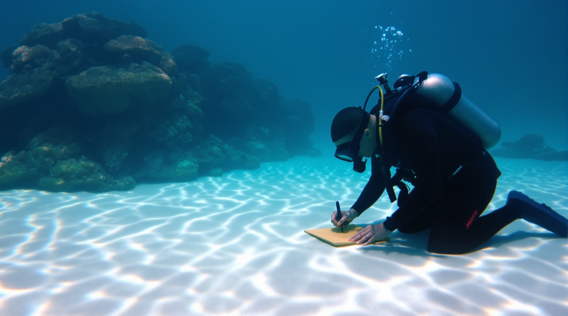 A diver recording dive details on a slate underwater