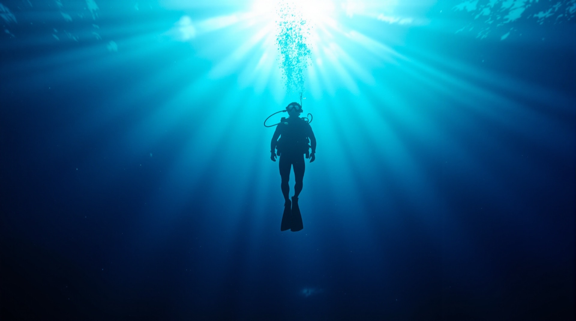 A scuba diver silhouetted against sunlight in clear blue water