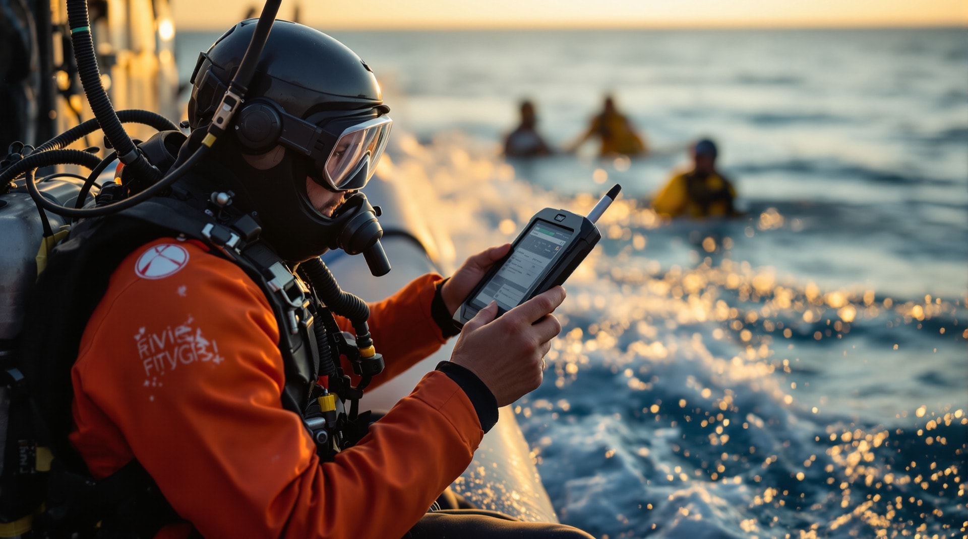 A diver logging a dive on a handheld computer aboard a dive boat