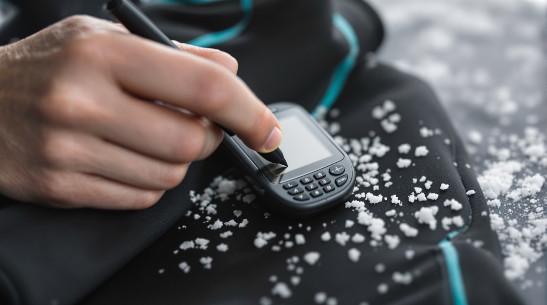 A Palm OS handheld resting on a rolled wetsuit