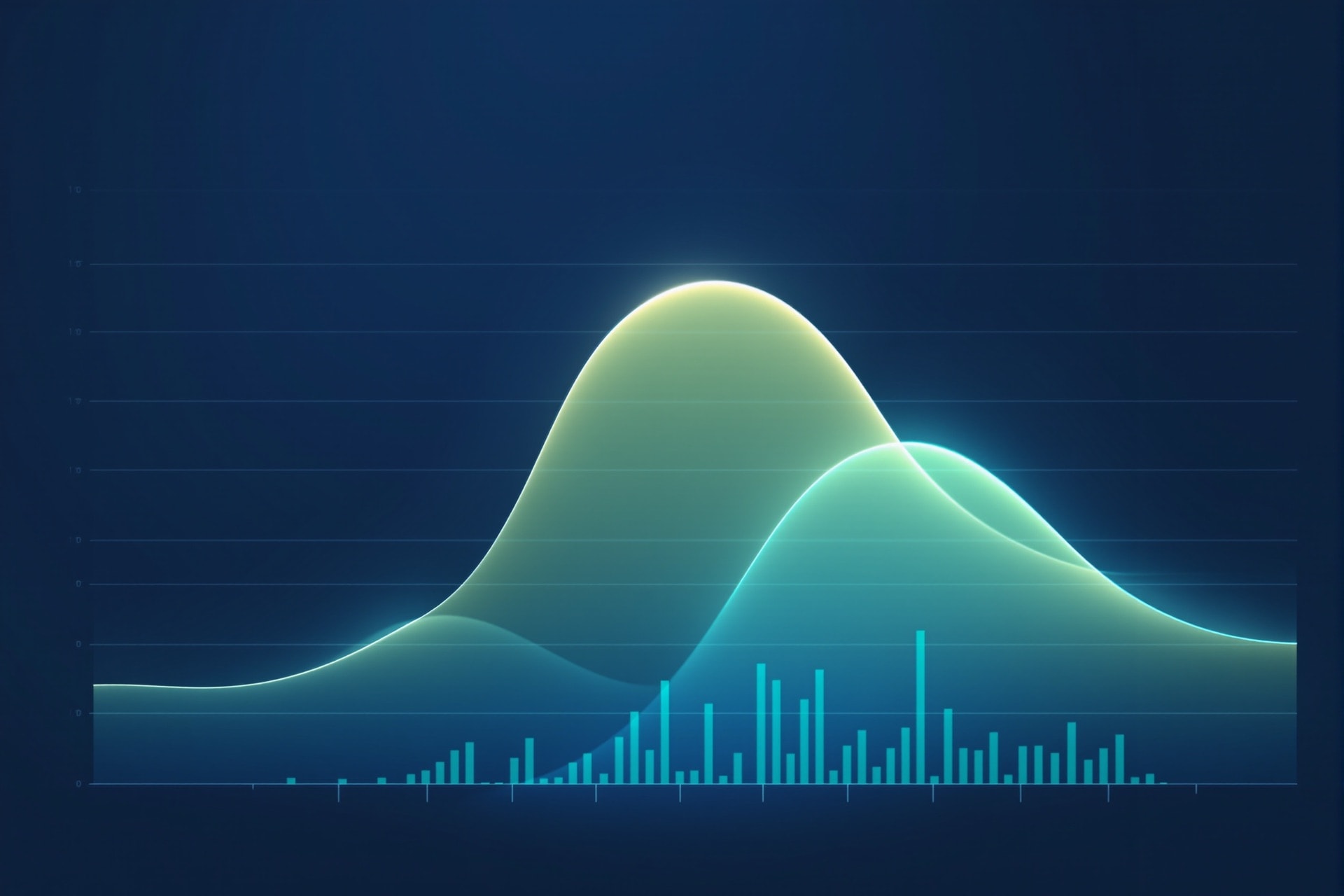 An abstract depth profile curve and histogram in cyan on navy