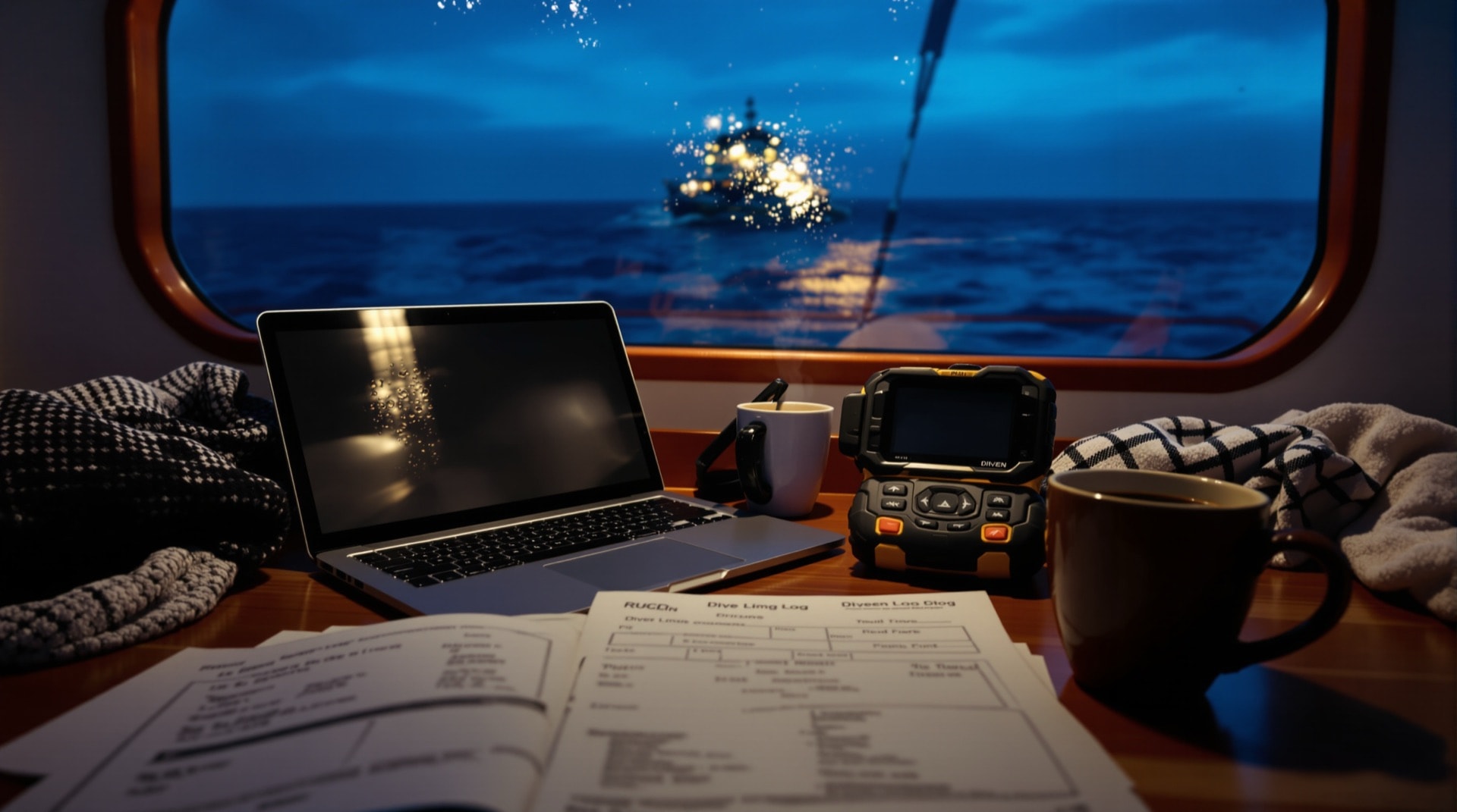Laptop and handheld device on a dive boat cabin table at dusk
