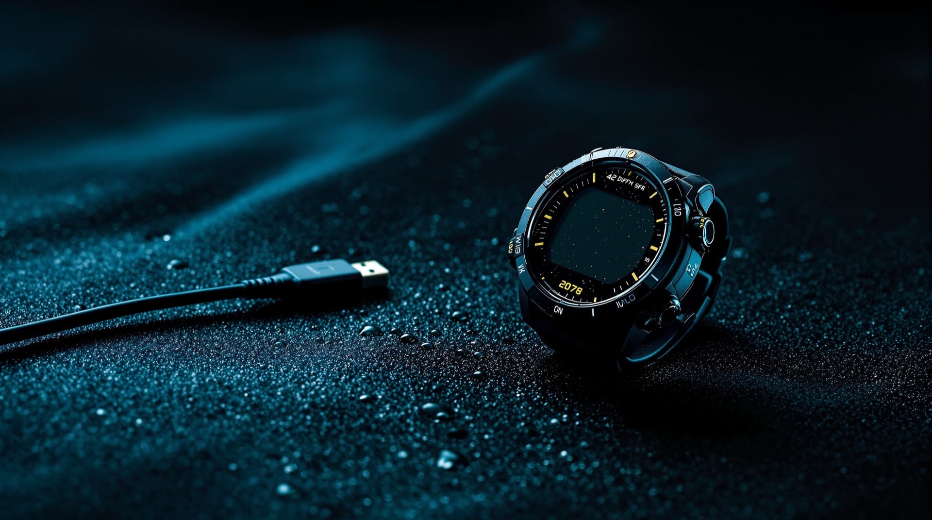 A dive computer beside a data transfer cable on a neoprene surface