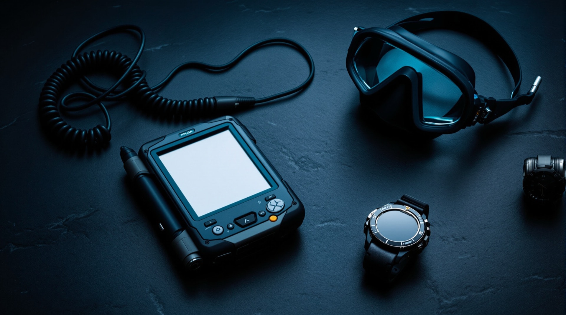 A handheld PDA, dive computer and sync cable arranged with a diving mask