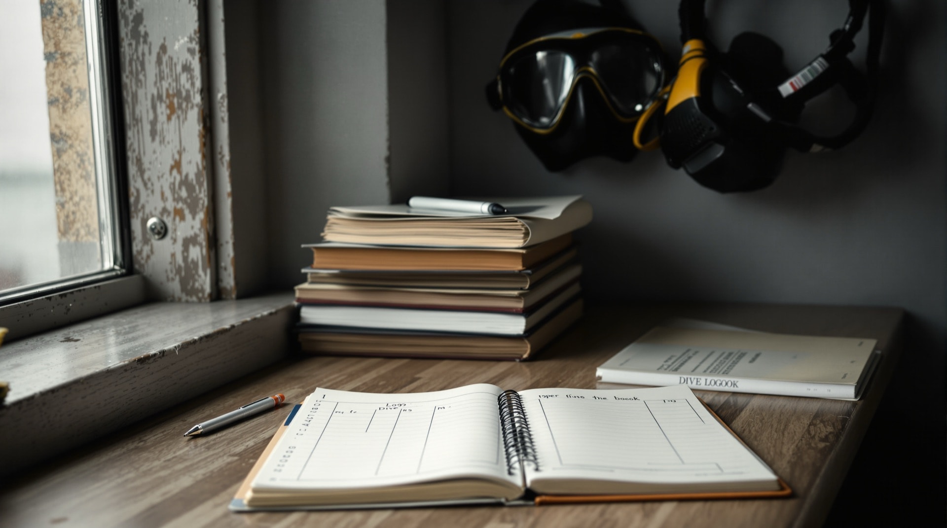 An open dive logbook and a stack of older logbooks on a desk