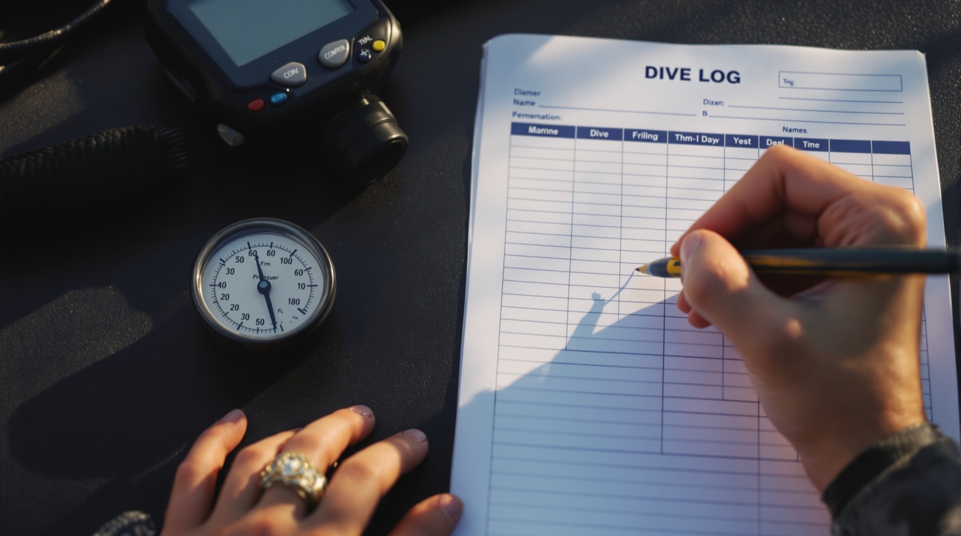 A diver filling in a dive log page beside a dive computer and pressure gauge