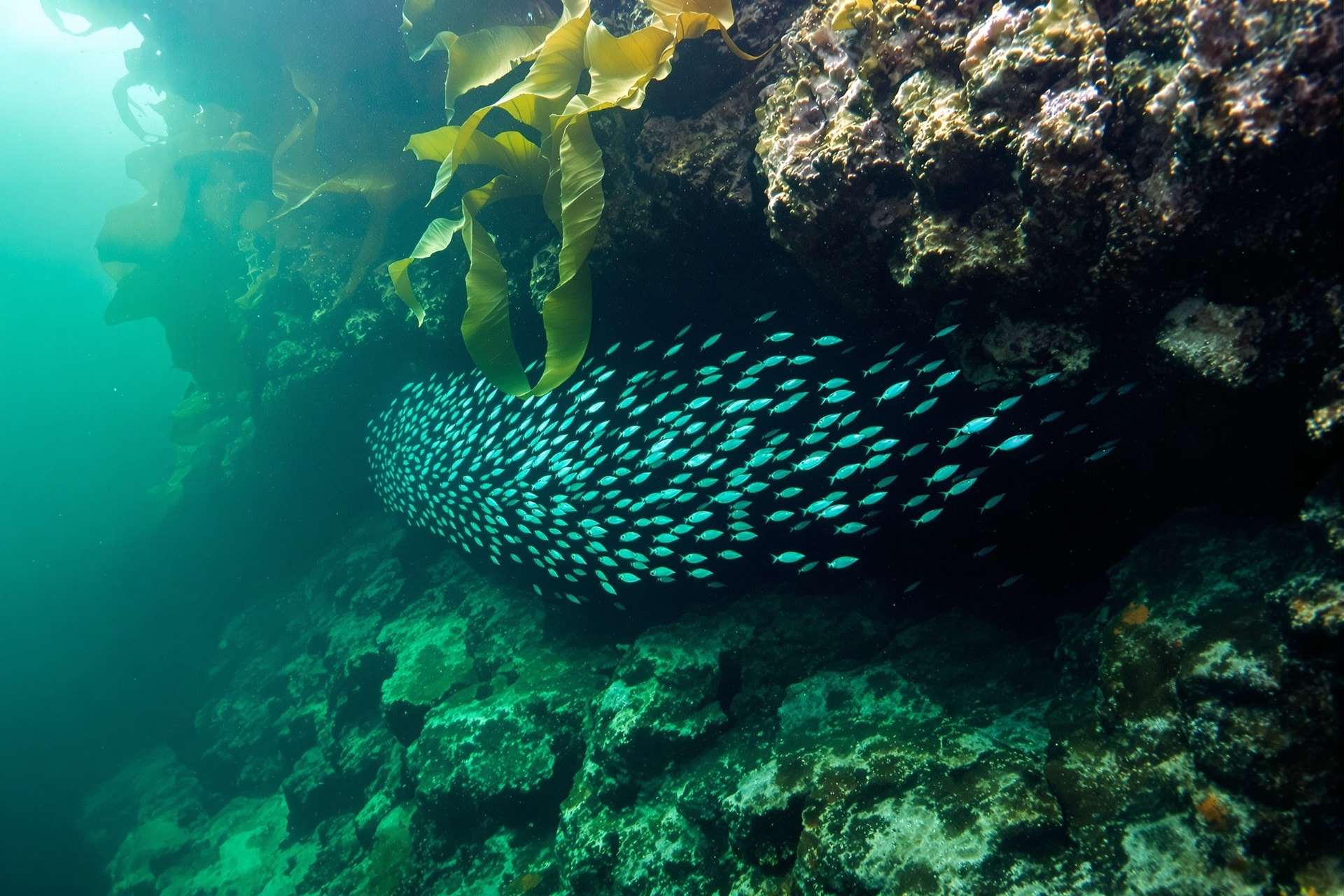 A temperate rocky reef wall with kelp and a shoal of small fish